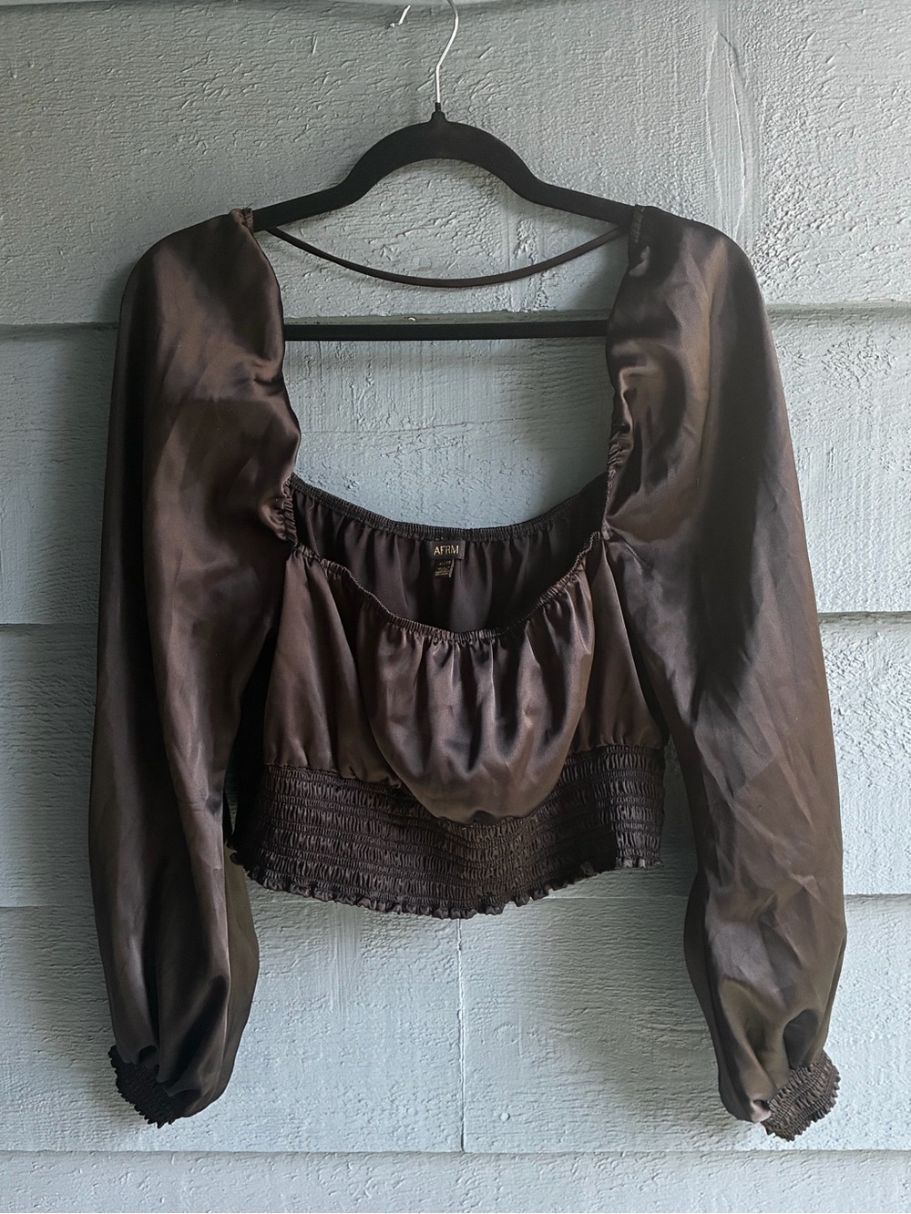 AFRM Black Satin Puff-Sleeve Smocked Crop Top